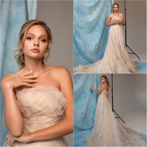 Vintage 2020 Eva Lendel Strapless Trouwjurk Kant Mouwloze Sweep Train Rits Roken De Mariée Jurk