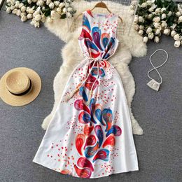 Vintage 2022 v cou imprimé floral été maxi longue robe femmes débardeur décontracté robe d'été élégante cravate robe plage vacances tunique robe Y220413