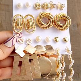 Vintage 2SetSpack Gold Color Metal Twist Pearl Hoop oorbellen voor vrouwen Girls Geometrische knoop hart