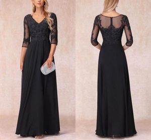 Vintage 3/4 Sleeve Black Lace Chiffon Mother Dresses A Line Sheer Appliques V Neck Bruidsmeisjes Jurk plus size moeder van bruid bruidegomjurken BC18620