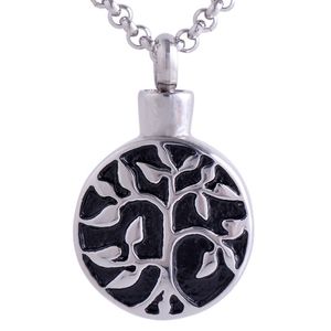 Vintage en acier inoxydable motif arbre paisible médaillons ronds pendentif chaînes de perles collier souvenir urne commémorative ouvrable mis en parfum