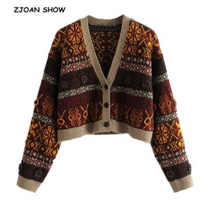 Vintage 3D Flower Jacquard Géométrique Cardigan Cardigan Retro Ugly Pull Femme Bouton Single Sein Bouton À manches longues Jumper court 210429