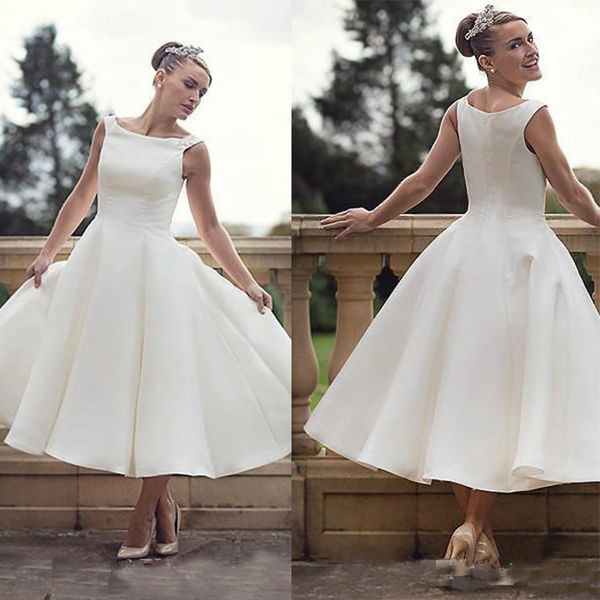 Vintage 50 s robes de mariée courtes encolure dégagée cheville longueur rétro robes de mariée 2020 blanc vestido de noiva sur mesure
