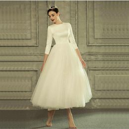 Vintage des années 50 robe de mariée tutu 3/4 manches fantaisie tulle longueur de thé robes de mariée courtes robe de noiva personnaliser plus la taille 2020254t