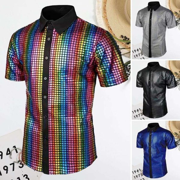 Camisa de discoteca Vintage de los años 70 para hombre, camisa reflectante con lentejuelas brillantes, cuello vuelto, manga corta con botones