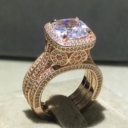 Vintage 925 Sterling Silver 18K Rose Gold Wedding Rings For Women Luxury Engagement Rings Set 3 in Bridal Gemstone Jewelry Finger
