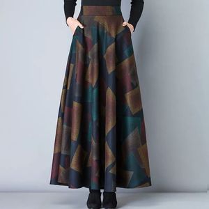 Vintage A-lijn hoge taille wollen rokken herfst winter mode vrouwen wol maxi rokken vrouwelijke casual lange streetwear 210309