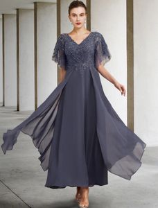 Vintage A-lijn moeder van de bruid jurk 2203 Elegante v-hals enkellengte Chiffon Lace Korte mouw met kralen bruiloft Guestfeestjurken