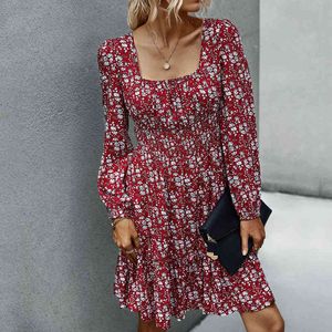 Vintage A-Line Print Full midi dress Women's Retro Square Collar Floral Printed Dress pour femmes vestidos de fiesta 210514