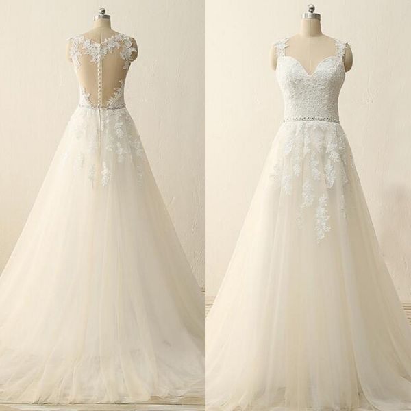 Vintage Une Robe De Mariée En Ligne Sweehteart Sans Manches Sheer Bretelles Dentelle Appliques Tulle Robes De Mariée En Forme De Coeur Dos Robes De Mariée