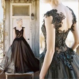 Vintage A-ligne robes de mariée 2022 nouvelle arrivée noir tulle dentelle applique pas cher gothique perlé dos nu longues robes de mariée personnalisé balayage train