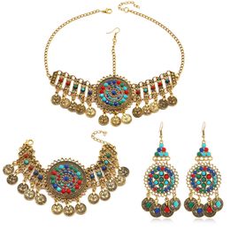 Vintage Afghaanse zigeuner Coin Hoofdband Bracelet Oorbellen Sets Boho kleurrijke strass round round hollowed bloemen Turkse vrouwelijke sieraden 240510