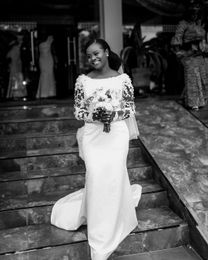 Vintage Afrikaanse lange mouw zeemeermin trouwjurken 2021 appliques kant parels kralen bruidsjurken sexy lage back tuin bruid formele jurk vestidos