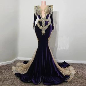 Vintage African Purple Velvet Mermaid Prom jurk lange mouwen 2023 Gold Sparkly Gala Verjaardagsfeestjurken Rozels de Soiree de Soiree