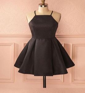 Vintage Aline Halter Satin Short Black Homecoming -jurk met zakken Vestido de festa Sexy spaghetti -riemen goedkope formele jurken FO1692406