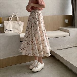 Vintage Aline jupes imprimé fleuri plissé jupes longues été femmes jupe coréenne Harajuku Streetwear taille élastique MidiSkirt 220617