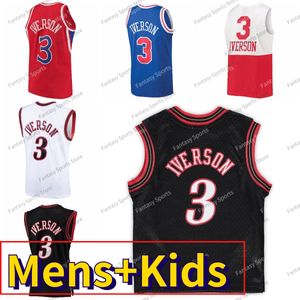 Vintage Allen Iverson Basketbal Jersey 2000 01 1996-97 Heren Gestikt Rood Blauw Zwart Throwback Jerseys Jongens Jeugd Shirts MN