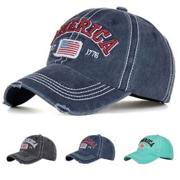 Vintage America Stitchwork Hat Washed Denim Baseball Cap Old Look Letter vlag borduurwerkbalkappen rood zwart
