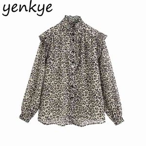 Vintage Animal Print Blouse Shirt Femmes Col Haut À Manches Longues À Volants En Mousseline De Soie Blouses Plus La Taille Casual Dames Chemises Automne Tops 210514