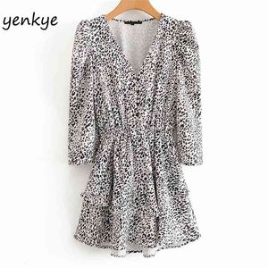 Vintage Animal Print Robe Femmes Manches Longues Col V Taille Élastique Couches À Volants A-ligne Mini Été AAZZ9673 210514