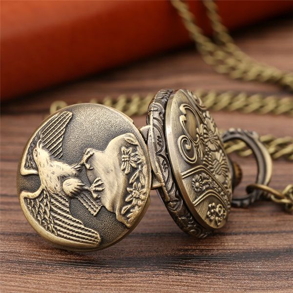 Vintage Antique Bronze aigle ailes montre de poche petite taille Quartz montres analogiques collier chaîne cadeau pour hommes femmes reloj de bolsil262C