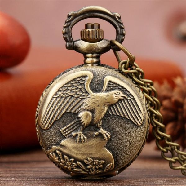 Vintage Antique Bronze aigle ailes montre de poche petite taille Quartz montres analogiques collier chaîne cadeau pour hommes femmes reloj de bolsil272y