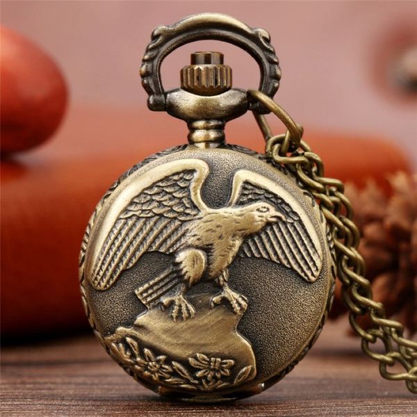 Vintage Antique Bronze aigle ailes montre de poche petite taille Quartz montres analogiques collier chaîne cadeau pour hommes femmes reloj de bolsil216w