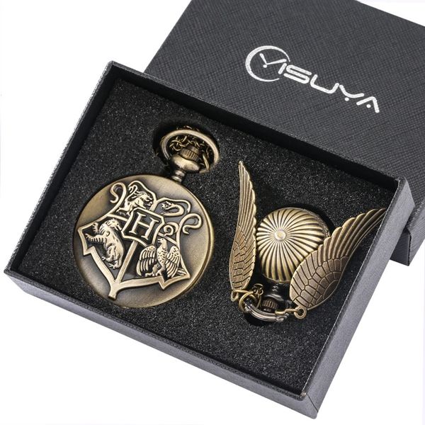 Vintage Antique Quartz montre de poche ensembles Bronze mignon boule ailes conception montres collier pendentif horloge chaîne cadeaux coffret 240103
