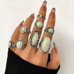 Conjuntos de anillos de Color plata antigua Vintage, piedra de cristal de ópalo colorida tallada para mujeres y hombres, joyería bohemia 208v