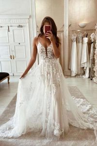 Fantastic Lace Tule Backless Wedding Jurken 2024 Zomer Boheemse bruidsjurken plus maat kanten Appliques Spaghetti Banden Boho trouwjurken BC11295