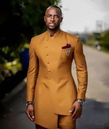 Trajes de hombre árabe vintage Esmoquin de boda dorado Dos piezas Cuello alto Novio Ropa formal Fiesta de graduación Chaqueta de noche Chaqueta + Pantalones Ajuste ajustado Traje de hombre