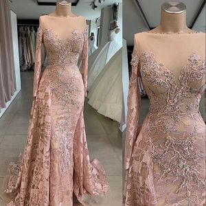 Arabé vintage Nuevo rubor rosa Pink Dress Prom Vestidos Bateau Mangas largas Lace Lace Crystal Beads Mermaid Formal Vestido de noche Vestidos de fiesta