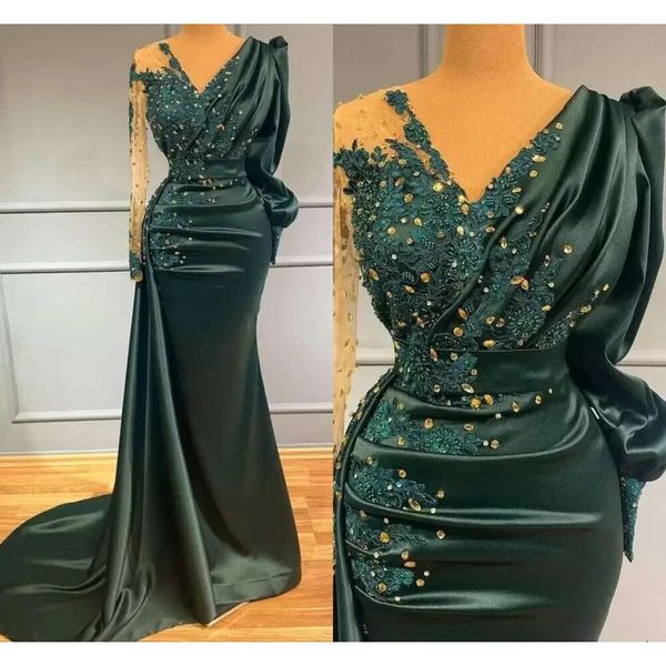 Vestidos de noche de sirena de color verde oscuro, manga árabe vintage, apliques de lentejuelas con cuentas, plisados, vestidos de fiesta formales de satén largo Bc