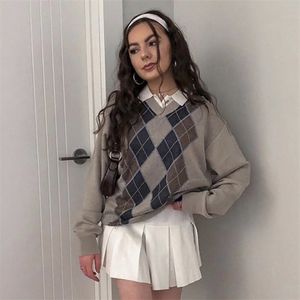 Vintage Argyle Plaid Y2K gebreide trui winter vrouwen mode herfst casual lange mouw v-hals jumper vrouwelijke trui top 210510