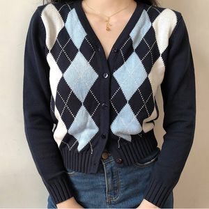 Vintage Argyle Pull Cardigan Femmes Automne Tricot À Manches Longues Col En V Survêtement Élégant Tricoté Dames Chandails