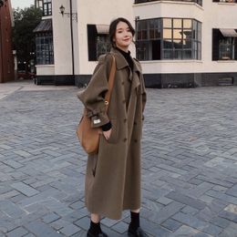 Vintage Army Green Cashmere Wool Coat Women Winter Clothes Long Sleeve Double-breasted Loose Overcoat Belted Woolen Outerwear LJ201106