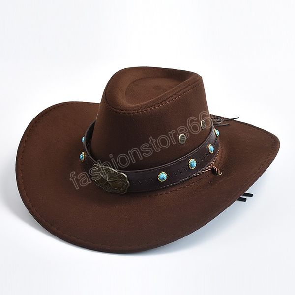 Sombrero de vaquero occidental de gamuza artificial vintage para hombres Gorra de jazz de vaquera de ala ancha con sombrero de fiesta de cuero