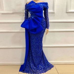Vintage aso ebi robes de soirée sirène sirène en dentelle à manches longues en dentelle africaine robe de bal plus taille bleu royal nigéria robes de fête 0529