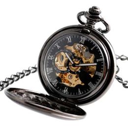 Vintage automatische mechanische pocket horloge mannen holle voortreffelijke ketting gladde kast hanger horloges heren retro zwart uur klok326a