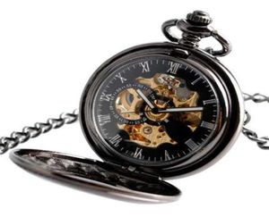 Vintage automatique Mécanique de poche montre hommes Hollow Exquise Chain Smooth Case Pendants Gatchs Mens Retro Retro Black Hour Clock312B3639033