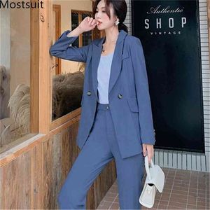 Vintage herfst winter vrouwen broek pak gekweekt blazer jas kantoor slijtage pakken mode Koreaanse vrouwelijke sets femme 210513