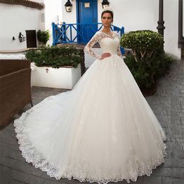 Vintage robe de bal robe de mariée en dentelle 2024 tribunal train à manches longues princesse robe de mariée col transparent jardin pays robes de mariée pays robes Mariee Vestios Novia