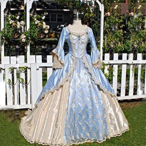 Vintage baljurk Victoriaanse jurk middeleeuwse Gothid bruidsjurk champagne licht hemelsblauw lange klokmouwen applicaties ronde hals Cust315H