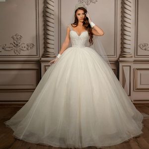 Vintage Robes de mariée robes de mariée 2024 Scoop Neck Perle Sequin Bridal Bridal Cap Gardage Tulle Puffy Jupe Vestidos de Mariage