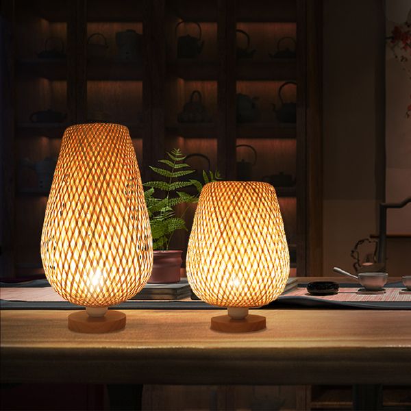 Lámparas de mesa artesanales de bambú Vintage, lámparas de mesita de noche para dormitorio hechas a mano, decoración para sala de estar, lámpara cálida de madera de bambú