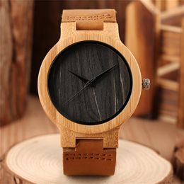 Vintage Bamboo Mens Watch Natural Wood Analog Quartz Display Polshorge Bruin lederen Bracelet Band Band Time W Clok voor Male297J