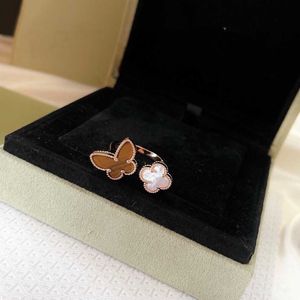 Vintage bandringen Perlee merkontwerper Copper Double Butterfly Four Clover Flower Charm Open Ring For Women with Box Party Gift V0QP