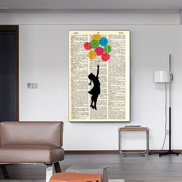 Vintage Banksy Art Affiches Fille Tenant Un Ballon Graffiti Art Toile Peinture Vieux Livre Imprimer Mur Art Pictrues Maison Mur Décor