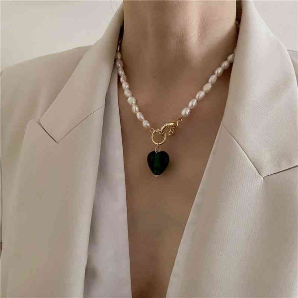 Colliers de perles naturelles irrégulières baroques Vintage pour femmes fille couleur bleue coeur chaîne liée pendentif Chokers collier bijoux