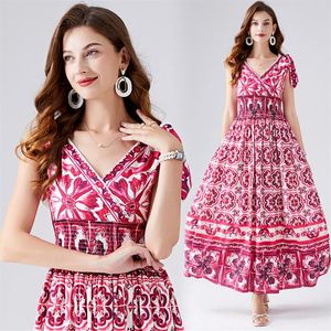 Vintage Baroque Print Summer Halter Dress 2023 Designer De Luxe Femmes Sexy Slim Sans Manches Maxi Froncé Floral Dos Nu Robes Ball191G